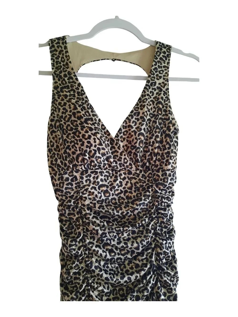 Ruby Rox Leopard Ruched V‑Neck Midi Dress - Black & Cream - Picture 4 of 5